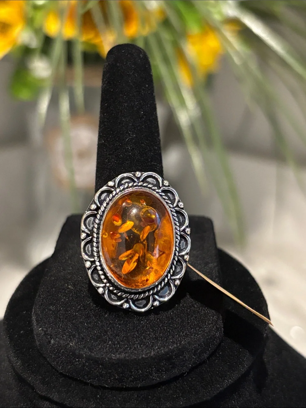 Sterling Silver Amber Oval Gemstone Statement Ring Size 9